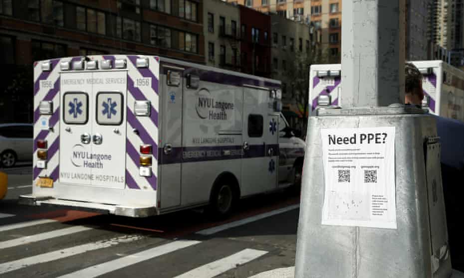 An ambulance is parked by New York University Langone Hospital.