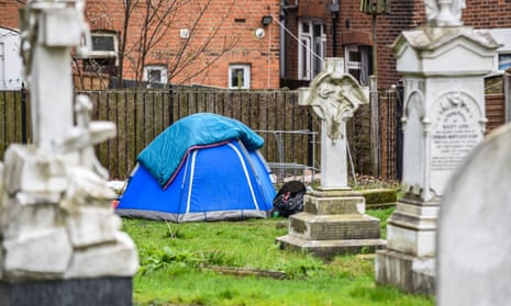 Tent of a homeless person, pitched in a church graveyard, Southend, Essex.
