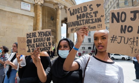 Demonstrators march through central London in a protest against the conflict in Yemen.