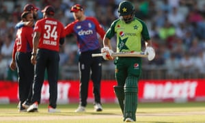 Pakistan’s Mohammad Hafeez looks dejected after being caught out by England’s Jonny Bairstow off the bowling of Adil Rashid.