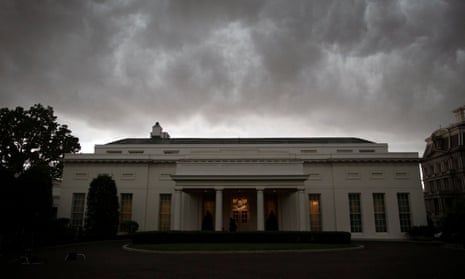 Storm clouds roll in, above the Oval Office.
