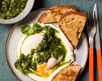 Nik Sharma's poached eggs with green chutney and yoghurt.