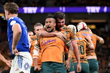 Brandon Paenga-Amosa of the Wallabies celebrates scoring a try.