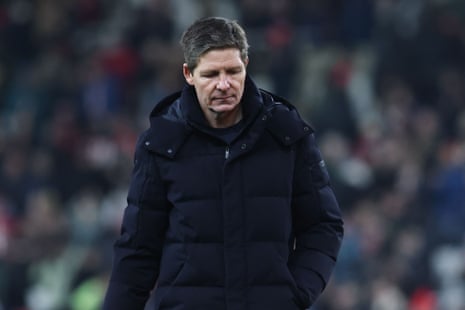 Crystal Palace manager Oliver Glasner shows dejection during the Premier League match against Sunderland