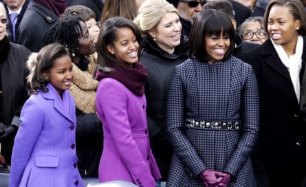 Michelle Obama with daughters Sasha and Malia at Barack Obama’s inauguration, 21 January 2013.