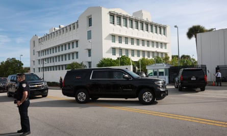 A vehicle carrying Donald Trump is driven to the courthouse in Fort Pierce, Florida, where Judge Aileen Cannon was presiding over the case on 4 March 2024.