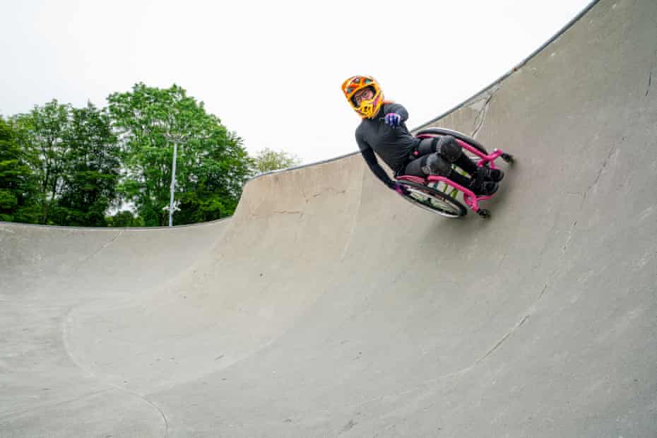 Wheelchair motocross champion Lily Rice of Wales sculpts the bowl at Haverfordwest Skatepark.