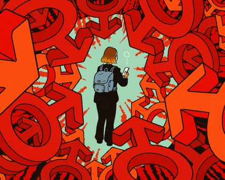 illustration of a teenage girl looking at her phone and surrounded by gender symbols to denote sexism