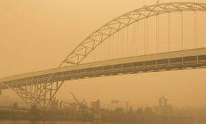 Thick smoke obscures the Fremont Bridge in Portland, Oregon