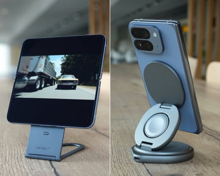 A composite showing the Google Pixel 10 Pro Fold held on a Twelve South Curve Nano stand and a QDOS SnapStand Qi2 charger.