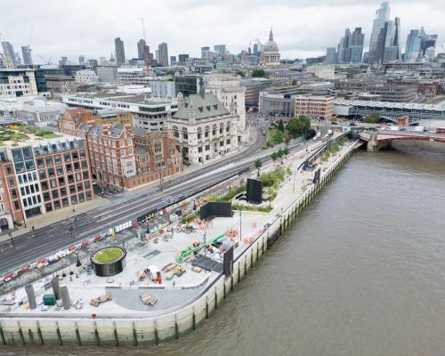 A park being built jutting out into the Thames near Blackfriars Bridge