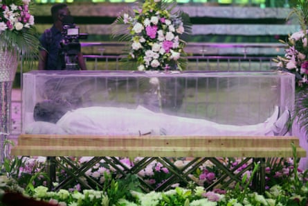 TB Joshua’s body on display during his funeral in Lagos in July.