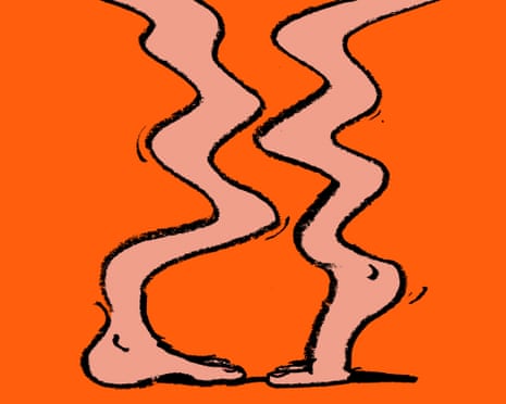 Illustration on red background of legs. Knees are buckling