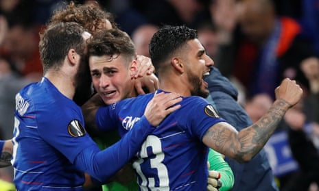 Kepa and his Chelsea team mates celebrate their win.