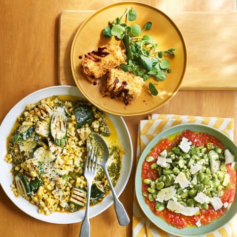 Courgette, sweetcorn and chermoula; Swiss chard sandwich; broad bean, dill and tomato salad.