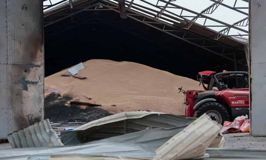 Grain in a facility in the Donetsk region that was shelled amid Russia's invasion of Ukraine.