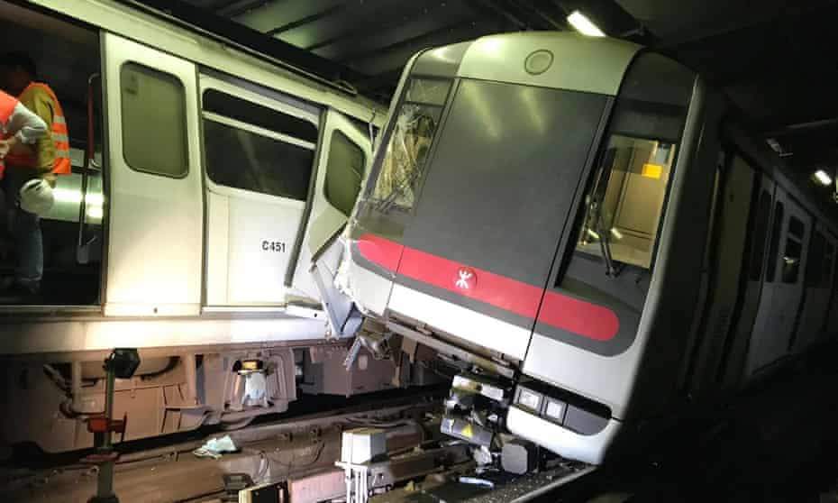 Two damaged trains in Hong Kong