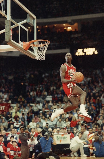 Michael Jordan dunks the ball during the slam-dunk championship in Chicago 1988 as a part of the NBA All-Star weekend.