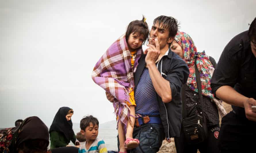 Refugees after landing on Lesbos, July 2015.