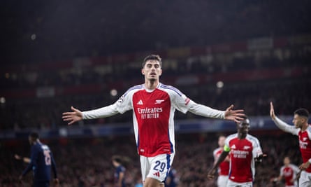 Kai Havertz celebrates after scoring against PSG on Tuesday