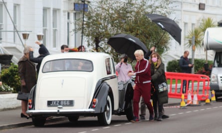 Steve Coogan, who plays Jimmy Savile in The Reckoning, is pictured filming a scene in Wales