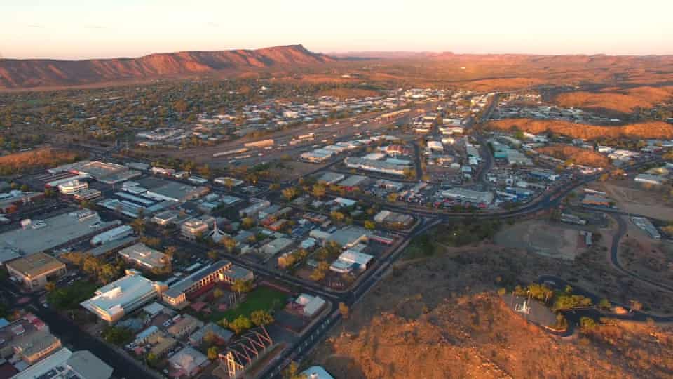 Drone photo of Alice Springs at dusk