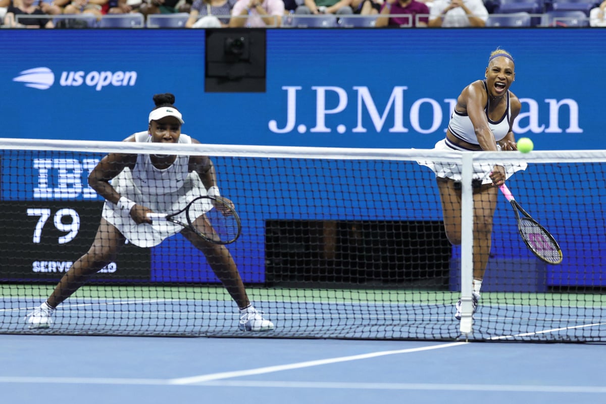 Serena Williams serves alongside sister Venus during a women’s doubles first round match at the 2026 US Open