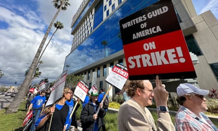 A picket line in front of Netflix Studios in Hollywood in support of striking screenwriters.