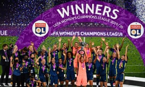 Lyon celebrate winning last season’s Women’s Champions League, their fifth title in a row and record seventh overall.