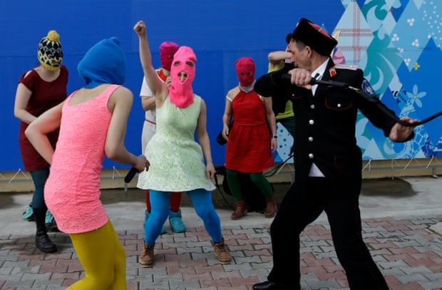 Pussy Riot are attacked by a Cossack militiaman in Sochi in 2014
