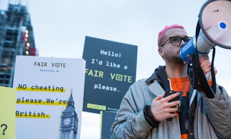 Whistleblower Christopher Wylie addresses a rally in London’s Parliament Square organised by the Fair Vote Project, 29 March 2018.