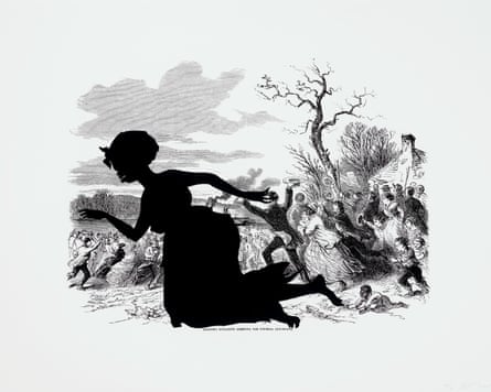 A cut-out silhouette is positioned on top of a black and white drawn scene of an angry crowd