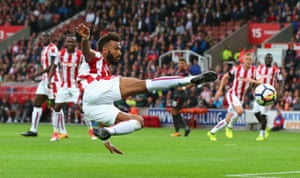 Maxim Choupo-Moting strikes a volley as Stoke City beat Arsenal 1-0 at the Bet365 Stadium.