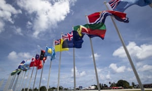 National flags for the Pacific Islands Forum on display on Nauru.