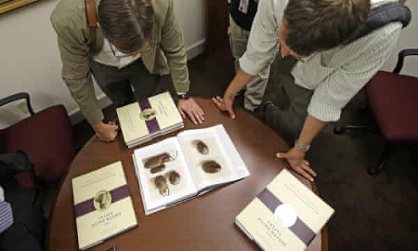 People look at pictures of the smooth, brown, egg-sized rock shown in the printer’s manuscript of the Book of Mormon following a news conference in Salt Lake City.