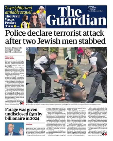 Guardian front page, Thursday 30 April 2026