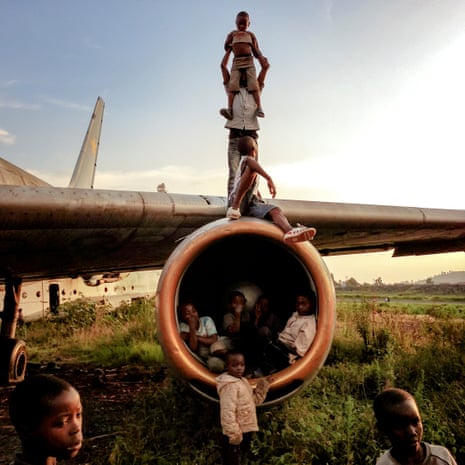 Children playing on an aircraft in the Democratic Republic of the Congo