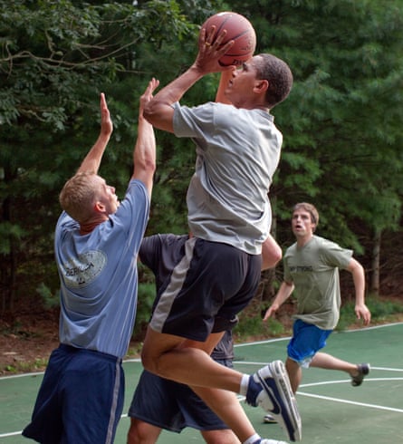 President Barack Obama plays basketball with White House staffers while on vacation on Martha’s Vineyard, Aug. 26, 2009