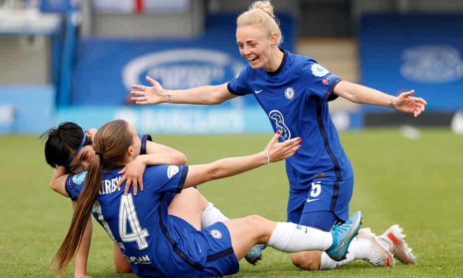 Fran Kirby celebrates with teammates after scoring Chelsea’s fourth and final goal in their 4-1 win at home to Bayern Munich to reach the Champions League final