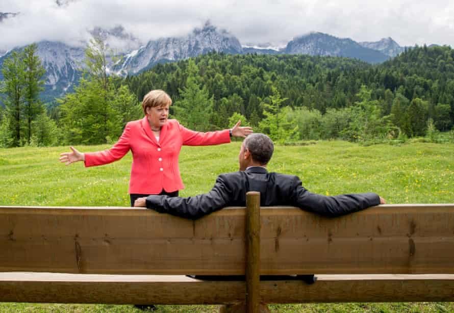 German Chancellor Angela Merkel talks to US President Barack Obama at Elmau Castle