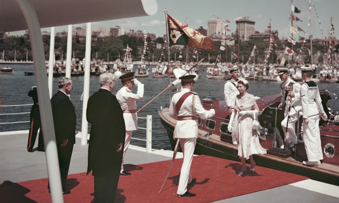Queen Elizabeth II steps off the royal barge at Farm Cove in Sydney, Australia, becoming Australia's first reigning monarch to set foot in the country, February 3, 1954.