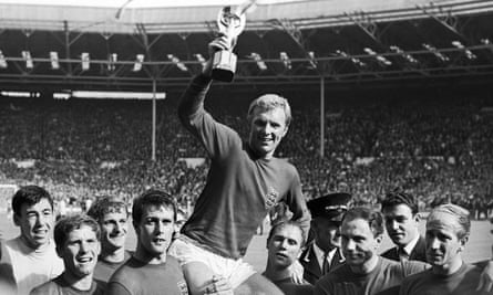 Roger Hunt, third left, celebrating the England team’s 1966 World Cup win.