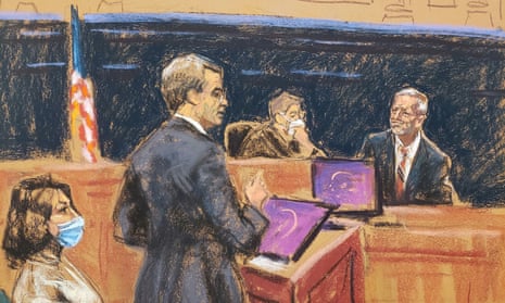 A courtroom sketch on Tuesday. Maxwell is on trial for six counts related to her alleged involvement in Epstein’s sexual abuse of minor teenagers.