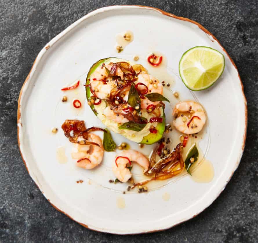 Yotam Ottolenghi’s Avocado with curried prawns and lime.