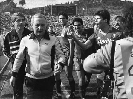 Dundee United manager Jim McLean is accosted by Roma players after a spiteful European Cup semi-final in 1984.