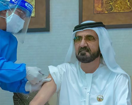 Dubai’s ruler, Mohammed bin Rashid al-Maktoum, receives a coronavirus vaccine on 3 November.