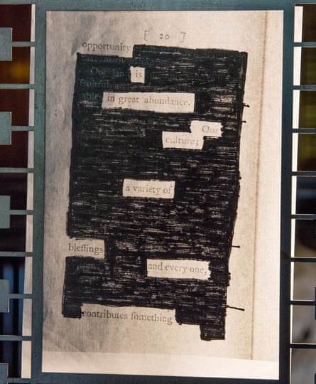 A sheet of blacked-out poetry, produced by a child in a creative writing workshop as part of the What a World! project, Penrhyn Castle, 2021