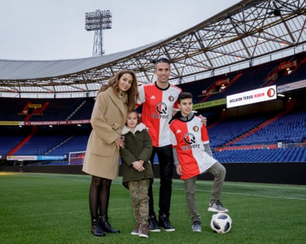 Robin van Persie with his family – Bouchra van Persie, Shaqueel van Persie and Dina Layla van Persie after signing for Feyenoord in January 2018