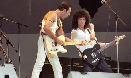 Freddie Mercury and Brian May at Live Aid in 1985. 