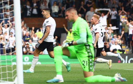 Fulham's Aleksandar Mitrovic celebrates scoring their equaliser against Crystal Palace.